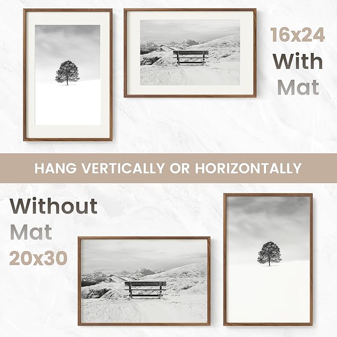 20x30 Poster Frame, USA-Sourced Natural Walnut Wood Picture Collage Frame with HD Tempered Glass, Modern Simple 20 x 30 Wooden Photo Frame Matted to 16x24, Vertical & Horizontal Wall Hanging Display