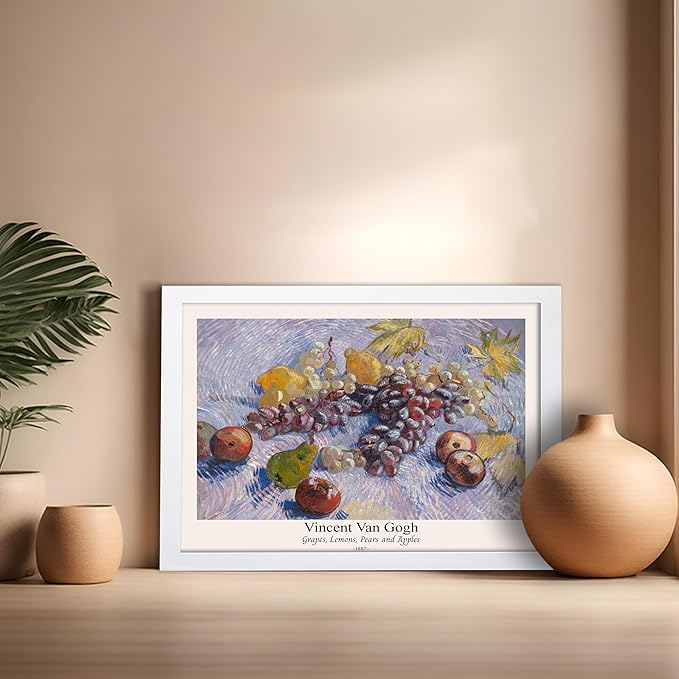 Monem Art Vintage Van Gogh Poster - Retro Grapes Lemons Pears and Apples Print - Impressionism Art - Fruit Art - Fine Art - Classic Painting Art - Great Kitchen Decor - 16x20 White Framed