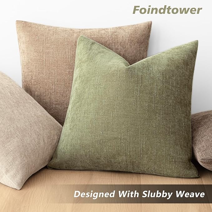 Foindtower Pack of 2 Soft Textured Chenille Throw Decorative Pillow Covers Square Accent Solid Cushion Cover Cozy Neutral Farmhouse Pillow Case for Couch Sofa Bedroom Living Room 20x20 Inch,Sage Green