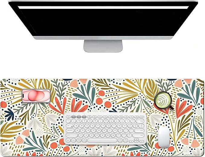 Decorative Floral Pattern Large Mouse Pad for Desk with Non-Slip Rubber Base,Big Desk Pad Desk Mat Featuring Flowers and Leaves,Computer Mouse Pads for Wireless Mouse Mousepad with Stitched Edges