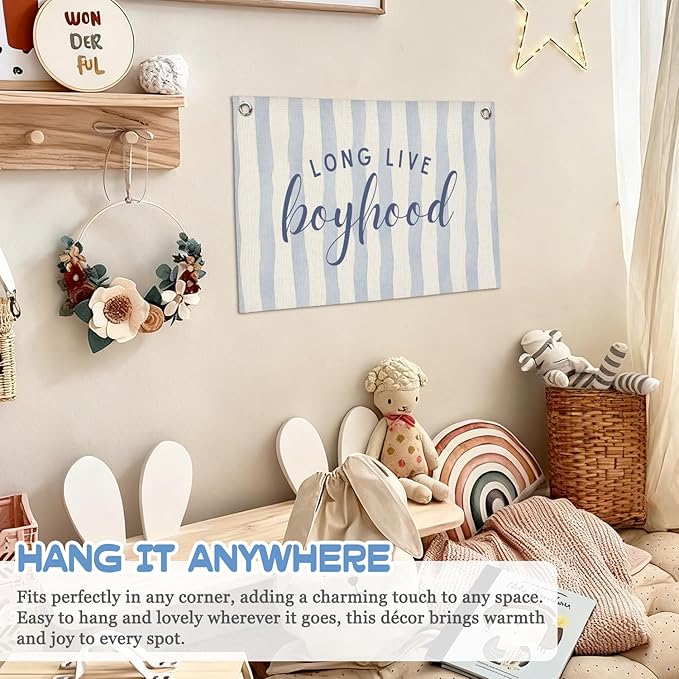 Navy Blue Decor Long Live Boyhood Wall Art,Boy Room Decor,Nursery Playroom Banner Print Wall Decor for Boys Bedroom Living Room Toddler Decorations Teen Boy Kid 30X20 Inch
