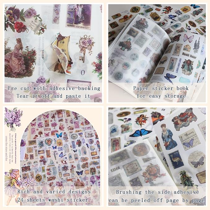 Vintage Stickers for Scrapbooking, Junk Journal - 24 Sheets Washi Sticker, Victorian Journal Stickers Book for Women, Self-Adhesive Scrapbook & Junk Journal Supplies (Blue)