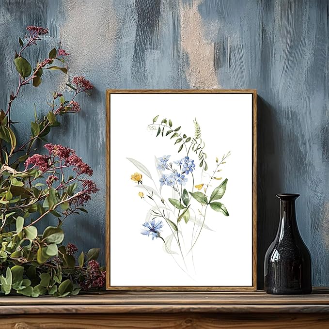 YOYIAXT 2 Pieces Watercolor Botanical Canvas Wall Art For Bedroom Blue Floral Framed Wall Art Minimalist Neutral Flower Art Prints Artwork For Living Room Office, 12x16 in