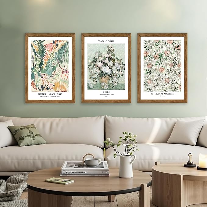 InspiredHues 3 Piece Sage Green Vintage Canvas Wall Art Landscape Flower Botanical Canvas Wall Decor Henri Matisse Van Gogh William Morris Artwork Prints for Bedroom Living Room 16x24 In Wood Frame