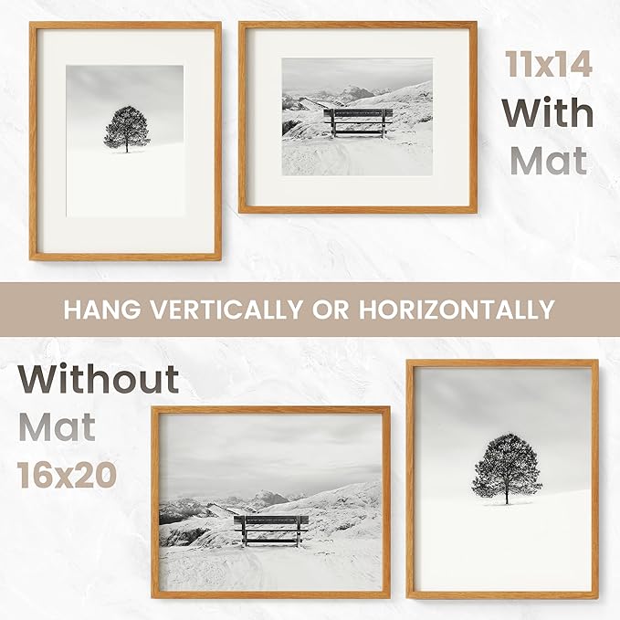 16 x 20 Picture Frame, USA-Sourced Natural Teak Wood Photo Collage Frame with HD Tempered Glass, Modern Simple 16x20 Wooden Frame Matted to 11x14, Vertical & Horizontal Wall Hanging Display