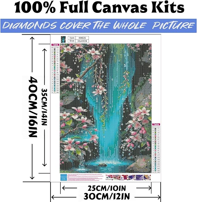 Diamond Art Kits for Adults Waterfall & Cherry Blossoms, DIY 5D Diamond Painting Kit for Beginners, Full Round Drill Gem Art Dots for Adults, Diamond Dots Paintings Crafts Home Wall Decor 12X16 Inch