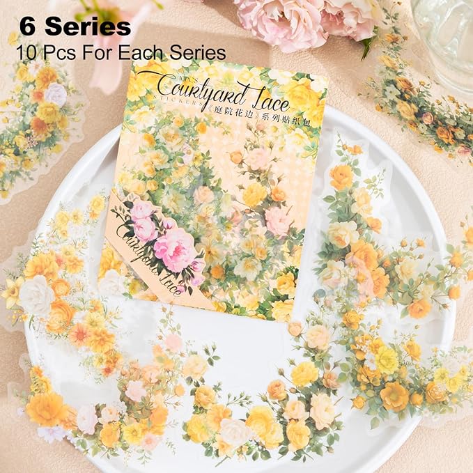 60 Pcs Vintage Flower PET Stickers Set, Large Floral Corner Stickers for Scrapbooking, Journaling, DIY Crafts, with Organizer