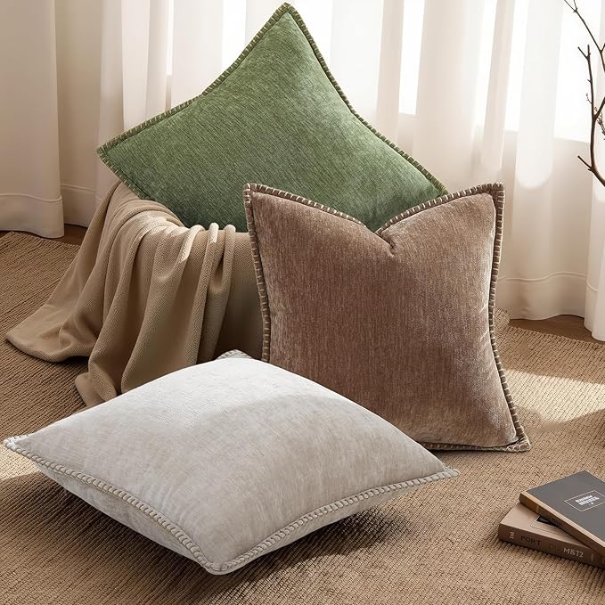 decorUhome Spring Chenille Soft Throw Pillow Covers 18x18 Set of 2, Farmhouse Velvet Neutral Decorative Pillow Covers with Stitched Edge for Couch Sofa Bed Home Decor, Brown