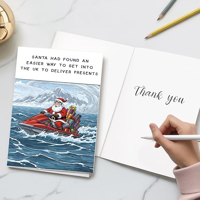 (5.3x8in) Santa Found an Easier Way to Get Into the UK Christmas Card with Envelope, Funny British Holiday Greeting Featuring Jet Ski Santa, Humorous Xmas Card for Friends and Coworkers (Xmas 35)
