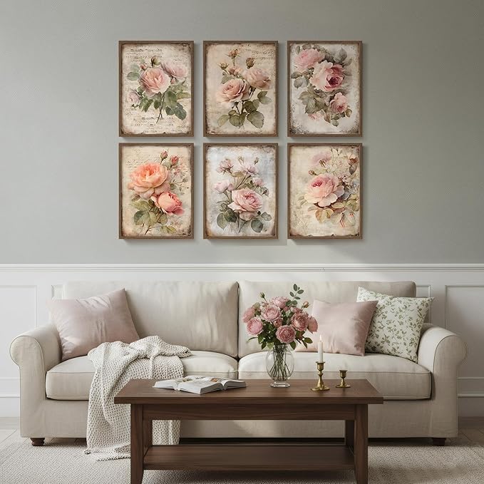 Framed Vintage Floral Wall Art, Set of 6 Retro Botanical Flower Canvas Painting Prints Artwork for Rustic Farmhouse, Elegant Pink Rose Pictures for Bedroom Living Room Kitchen Office Home Decor, 11x14