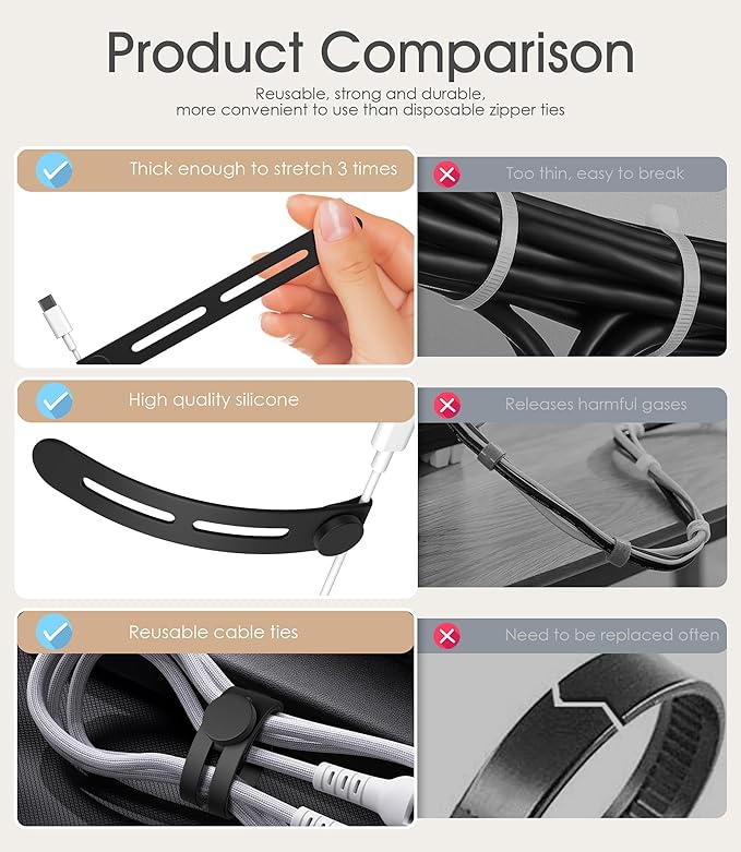 40Pcs Nearockle Reusable Cable Ties, Adjustable Silicone Cord Organizer Small Zip Ties for Charging Cords Earphone Computer Wire, Office Desk Cable Management Travel Accessories(Black)