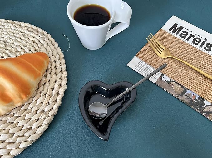 Coffee & Tea Spoon and Rest Set for Coffee Bar Accessories, Heart Cute Mini & Small Coffee Spoon Rest & Holder for Coffee Station & Bar, Teaspoon Rest & Holder (Black Rest with Black Spoon*2)