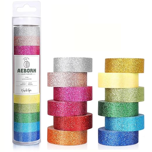 AEBORN Glitter Washi Tape Set, Colored Decorative Masking Tapes for Bullet Journal, Kids DIY Crafts, Planner, Scrapbook, Gift Packaging (Glitter-12jz)