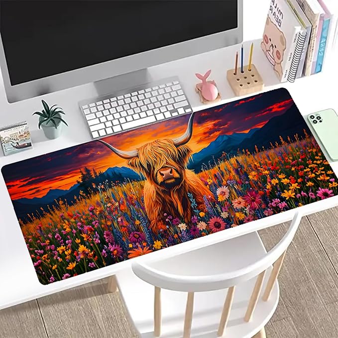 Highland Cow Gaming Mouse Pad, Office Desk Mat, Anti-Slip Rubber Base Cool Aesthetic Mouse Pads for Computer Laptop Keyboard School Home Desktop Gamer Home Accessories Decor 31.5" x 11.8"