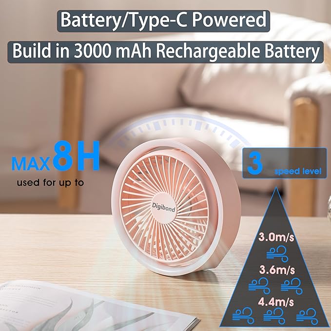 Pink Desk Fan, Small Quiet with Ambient Light/Hook Portable USB Fan 5.3in High Power 3000mAH Rechargeable Battery Operate 3 Speed 180°Rotated Easy Clean