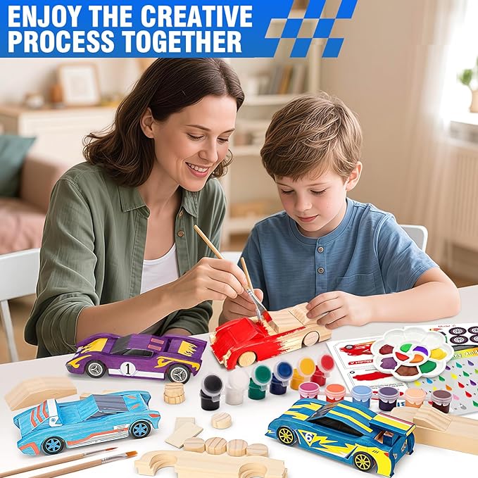 Arts & Crafts Kit DIY Toys for Kids Age 8-12, Build & Paint Your Own Wooden Car, 6 Race Cars, Easy to Assemble Painting Sets, Christmas Birthday Gifts for 4 5 6 7 8 9 10 11 12 Year Old Boys Girls.