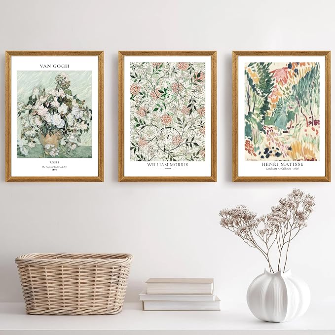 Fantasy Artists Framed Colorful Wall Art Set of 3 Impressionism Henri Matisse Van Gogh William Morris Flower Botanical Abstract Artwork Prints for Living Room Bedroom Bathroom 16" x 24"