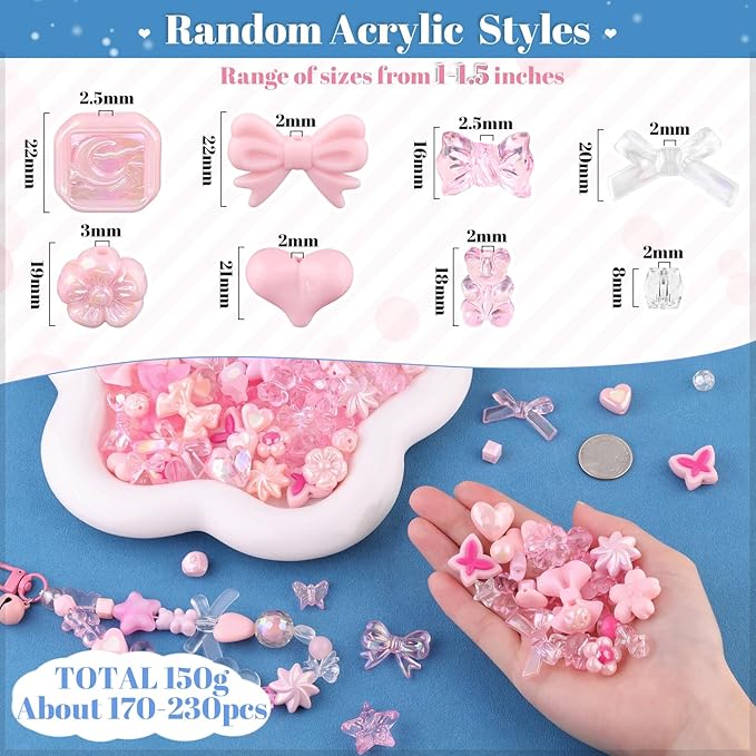200-260PCS TINKRSTUFF Assorted Acrylic Beads Pink Cute Beads for Bracelet Making, Flower Bow Butterfly GummyBear Kawaii Charms, Aesthetic Bead for Necklace Keychain Jewelry Making DIY Phone Charm