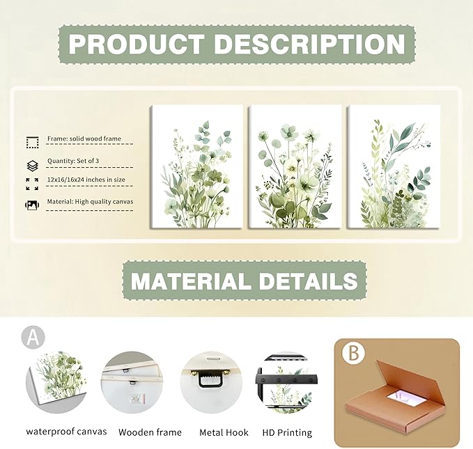 Boho Floral Canvas Wall Art Set of 3, Sage Green Wildflower Botanical Wall Decor Painting, Minimalist Watercolor Flowers Posters Prints for Bedroom Bathroom Living Room 16x24 In Framed