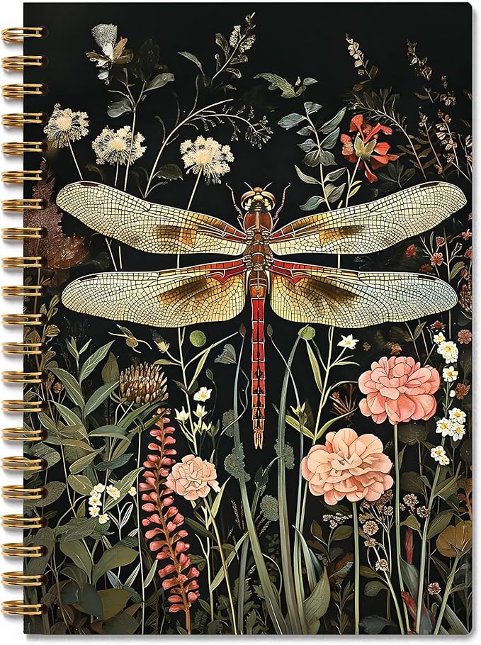 Vintage Floral Dragonfly Notebook, Dark Green Cottagecore Botanical Dragonfly Journal, Rustic Dark Academia Insect Spiral Notebook Journal, 5.5x8.3 Inch