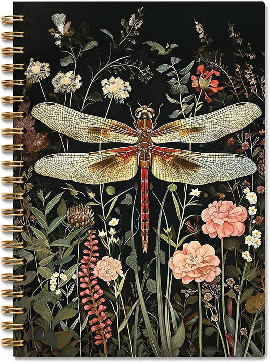 Vintage Floral Dragonfly Notebook, Dark Green Cottagecore Botanical Dragonfly Journal, Rustic Dark Academia Insect Spiral Notebook Journal, 5.5x8.3 Inch