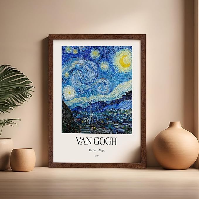 Monem Art Vintage Van Gogh Poster - Retro Impressionist Print - The Starry Night, Moon, Stars, Abstract - Gift for Artist, Friend - Wall Decor for Home, Office, 16x20 Brown Framed