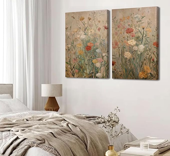 Wildflower Canvas Wall Art Rustic Farmhouse Floral Poster Prints Vintage Botanical Flower Picture Painting Artwork Wall Decor for Living Room Bedroom Office 12x16in Framed