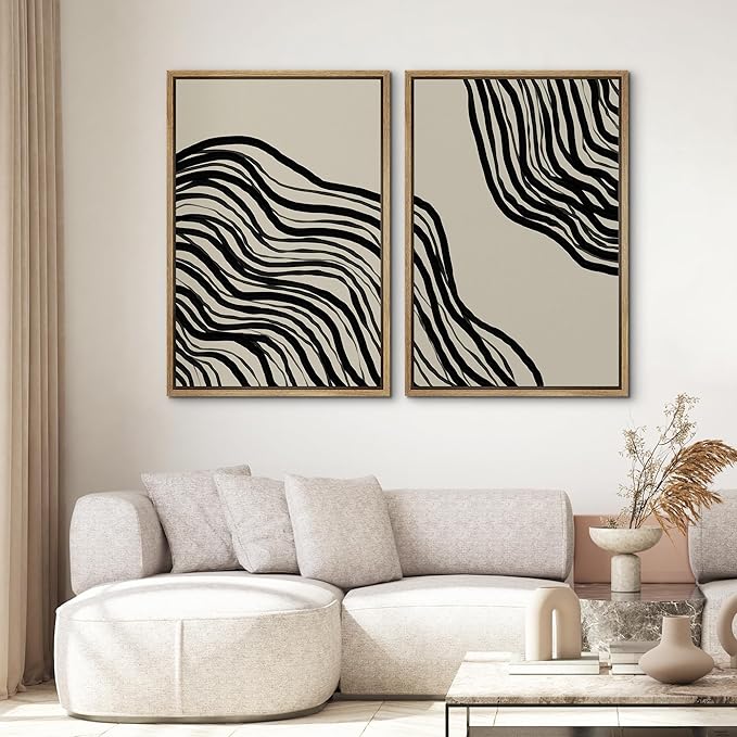 SIGNWIN Framed Canvas Print Wall Art Set Dark Geometric Spiral Wave Collage Abstract Shapes Cozy Neutral Modern Art Minimalism Decorative Nordic for Living Room, Bedroom, Office - 16"x24"x2 Natural