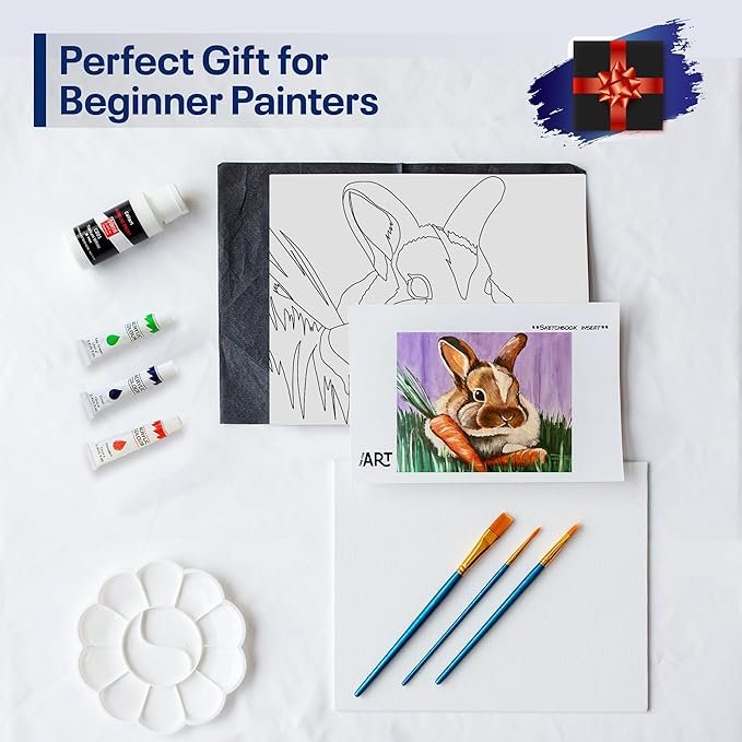 Painting4Real DIY Painting Class Kit for Adults with Video Tutorials: Learn to Paint Meadow Bunny – How to Paint with Acrylics – Painting & Art Supplies – 9 Piece Acrylic Paint Set