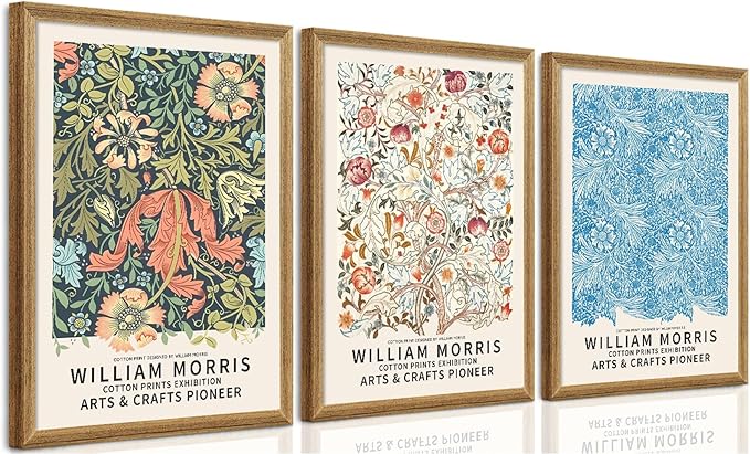 SYWENNOI 3 Pieces Wood Frames Vintage Floral Canvas Wall Art, William Morris Textured Art Wall Decor, Greens Indigos and Terracottas Botanical Designs Prints for Living Room Bedroom Offices 12x16 In