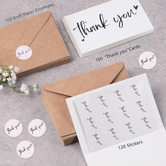 100 Thank You Cards 4x6 Inch, with 100 Kraft Envelopes and 120 Stickers, Minimalistic and Professional Looking for Business Wedding Graduation Baby Shower Bridal Shower