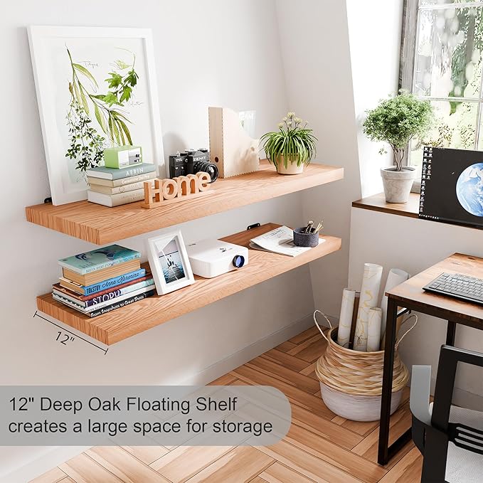 36 Inch Solid Oak Floating Shelves - Natural 12 Inch Deep Wall Shelf Set of 2, Rustic Display Shelf, Hanging Wall Shelf Decoration for Bedroom, Bathroom, Living Room