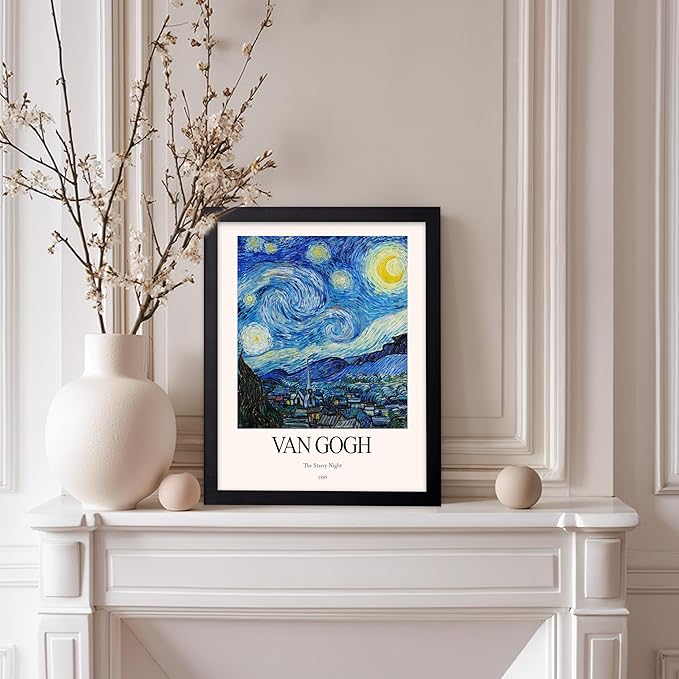 Monem Art Vintage Van Gogh Poster - Retro Impressionist Print - The Starry Night, Moon, Stars, Abstract - Gift for Artist, Friend - Wall Decor for Home, Office, 8x10 Black Framed