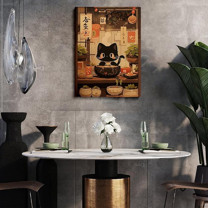Noodle Black Cat Poster,Tonkine Cat Print,Edo Period Ramen Noodles Art,Ramen Stall Print,Vintage Ramen Print,Japan Black Cat Poster,Eating Hungry Cat For,Kitchen Wall Art24x36Unframed