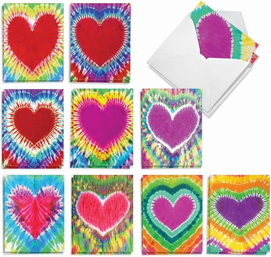 The Best Card Company - 20 Cute Boxed Cards (4 x 5.12 Inch) - Assorted Blank Set (10 Designs, 2 Each) - Tie-Dye Hearts AM9162OCB-B2x10