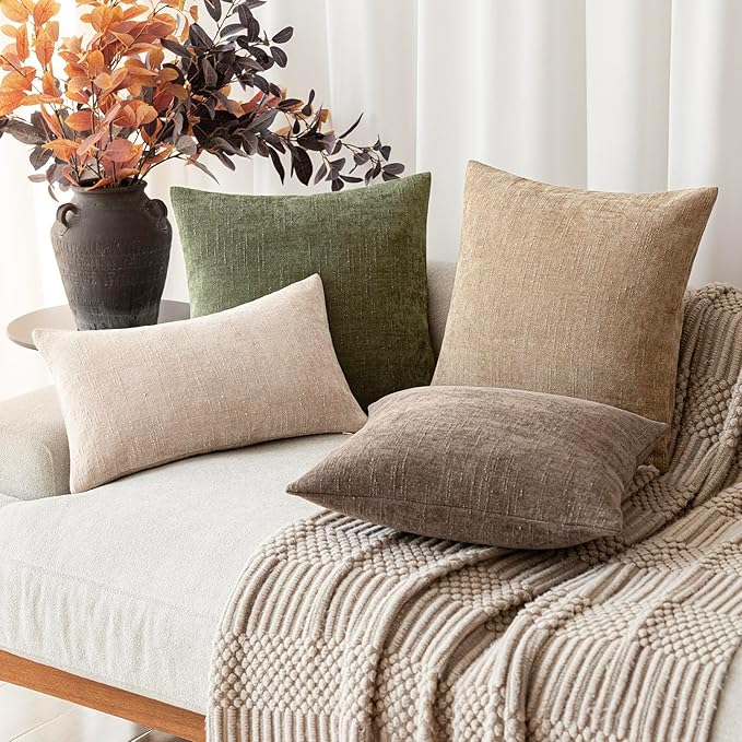 Foindtower Pack of 2 Soft Textured Chenille Throw Decorative Pillow Covers Square Accent Solid Cushion Cover Cozy Neutral Farmhouse Pillow Case for Couch Sofa Bedroom Living Room 16x16 Inch,Dark Green