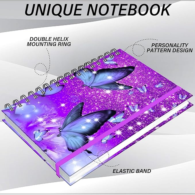 Spiral Notebook,Hardcover Journal Wide Ruled Spiral Notebook,A5 5.5 x 8.3 Inch,80GSM Thick Paper 60 Sheets 120 Pages for Girls Women School Office Aesthetic Cute-Purple Butterfly