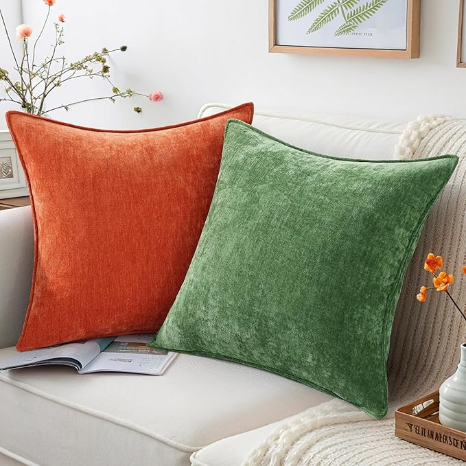 decorUhome Spring Couch Throw Pillow Covers 16x16 Set of 2, Decorative Soft Velvet Neutral Chenille Pillow Covers with Elegant Design for Sofa Bed Living Room Home Decor, Moss Green