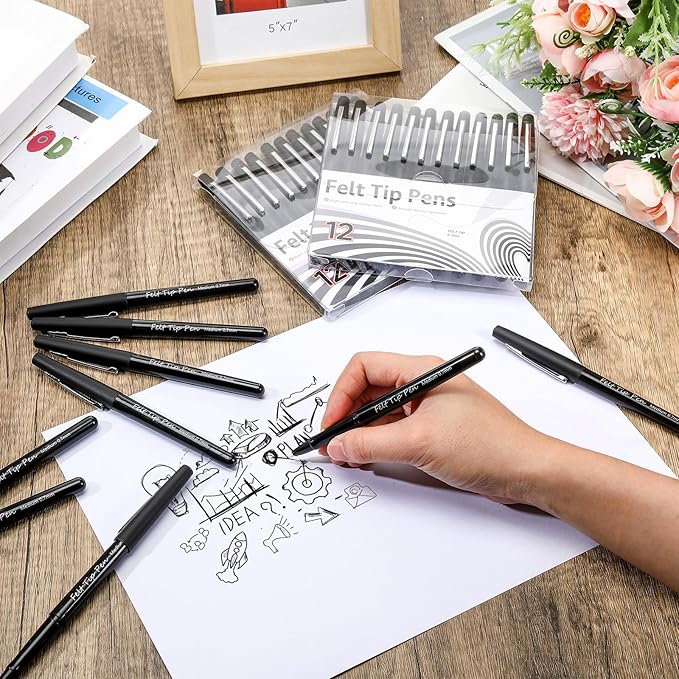 144 Pcs Black Felt Tip Pens 0.7mm Medium Point Pens Bulk, Felt Tip Markers for Journaling, Writing, Note Taking, Planner, Ideal for Office School Art Supplies Gift