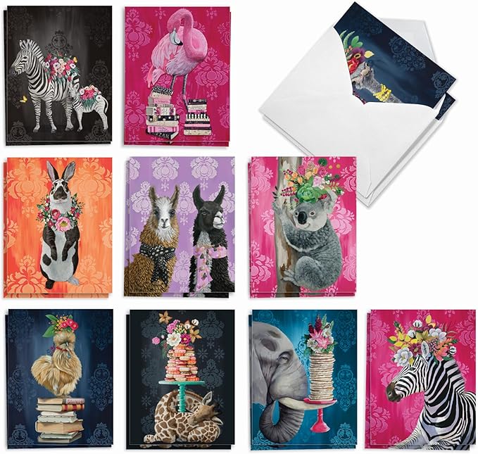 The Best Card Company Assorted Blank Greeting Card Box Set - Incl. 20 Cards + Envelopes - 10 Unique Designs - Perfect for Thank Yous, Invitations, More - Fancy Wildlife AM3364OCB-B2x10