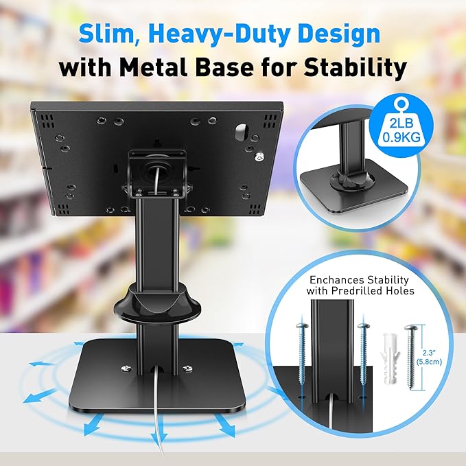 AboveTEK Anti-Theft iPad Kiosk Stand – POS iPad Security Stand & Locking Tablet Holder – Heavy Duty Base, 360° Swivel, 75° Tilt Bracket – Perfect for Retail Business (Black)