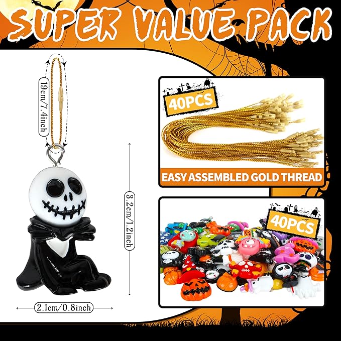 40Pcs Halloween Hanging Ornaments, Tiny Resin Charm Pendants Miniatures Figurines with Golden String for Mini Halloween Tree Decorations Holiday Party Decor