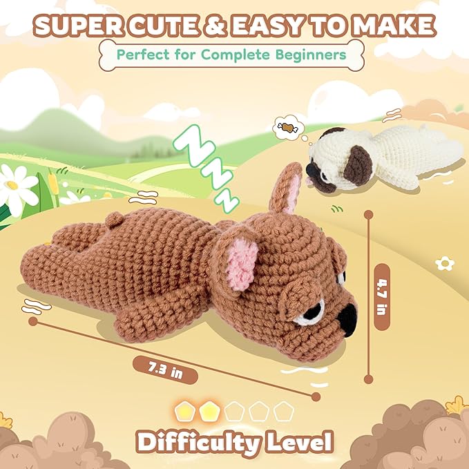 Crochet Kit for Beginners- 2 PCS Pug and French Bulldog Crochet Kits for Adults, 2PCS Sleeping Dog Crochet Kit with Step-by-Step Video Tutorials,Crochet Hook, Instructions DIY Knitting Kit