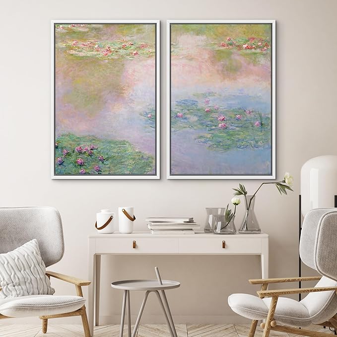 SIGNWIN Framed Canvas Print Wall Art Set Impressionist Water Lily Illustration Modern Art Minimalism Decorative for Living Room, Bedroom, Office - 24"x36"x2 White