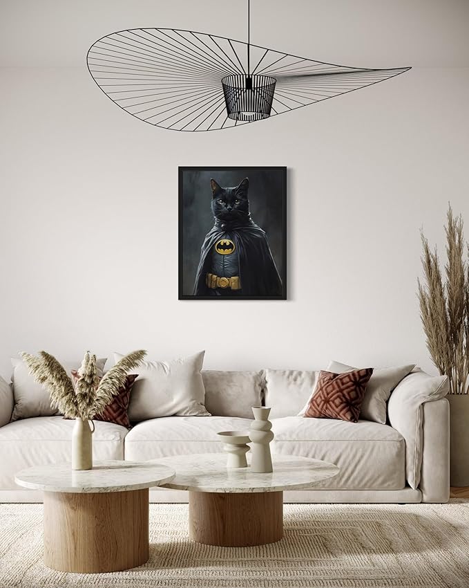 Superhero Cat Art Poster Print, Kitten Painting Humor Portrait Pet Artwork Decor Gallery A8 (Superhero Cat, 16 x 20 inches, Black Frame)