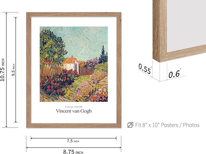 Monem Art Vintage Van Gogh Poster - Retro Impressionist Print - Flower Garden, Cottage, Sky, Colorful, Landscape - Gift for Artist, Friend - Wall Decor for Home, Office, 8x10 Beige Framed