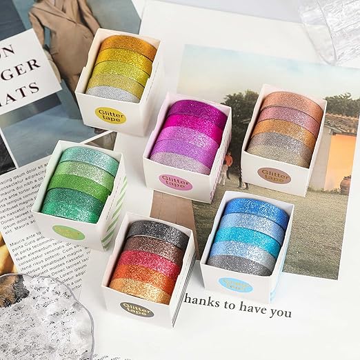 AEBORN Thin Glitter Washi Tape - 30 Rolls 10mm Colored Rainbow Washi Masking Tape Set, Skinny Decorative Tape for Bullet Journal, DIY Crafts, Planner, Scrapbook, Gift Packaging (Glitter-30J)