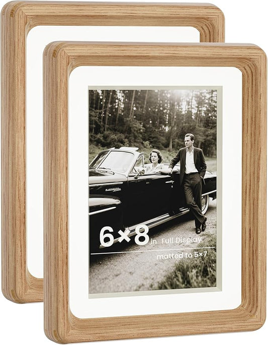 HELPLEX 6x8 Premium Picture Frame Set of 2 - Solid Oak Wood with HD Tempered Glass, Convertible 5x7 Matted or 6x8 Frameless Display, Wall or Tabletop Frame - Home Gallery, Memories Made Easy