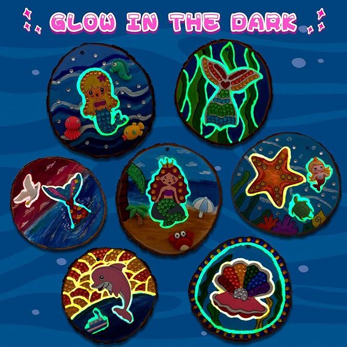 klmars Mermaid Themed Wooden Painting Kit-Glow in The Dark-Arts & Crafts Gifts for Kids Girls Ages 6-12-Wood Slice Craft Activities Kits -Mermaid Art Toys for Kids Christmas Gifts
