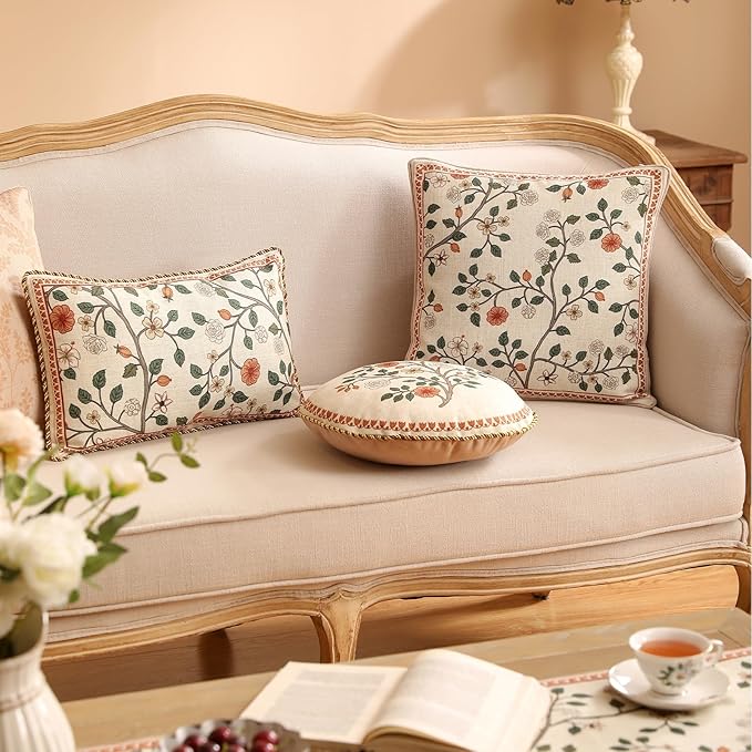 ISAENNE Design Linen Vintage Lumbar Square Round Throw Pillow Covers Set of 4, French Country Cushion Covers with Pink Blue Floral Pattern Decoration Pillowcases for Bed,Living Room,Outdoor,Car